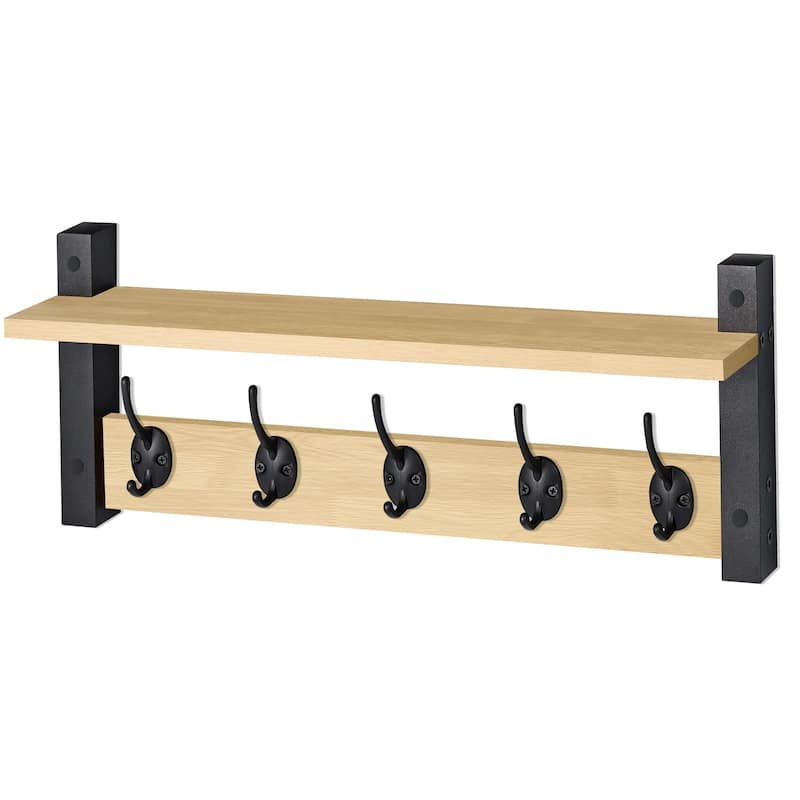 Sorbus Coat Hooks Wall Mount Floating Shelf with 5 Heavy Duty Hooks, Large and Extra Large - Extra Large - Maple