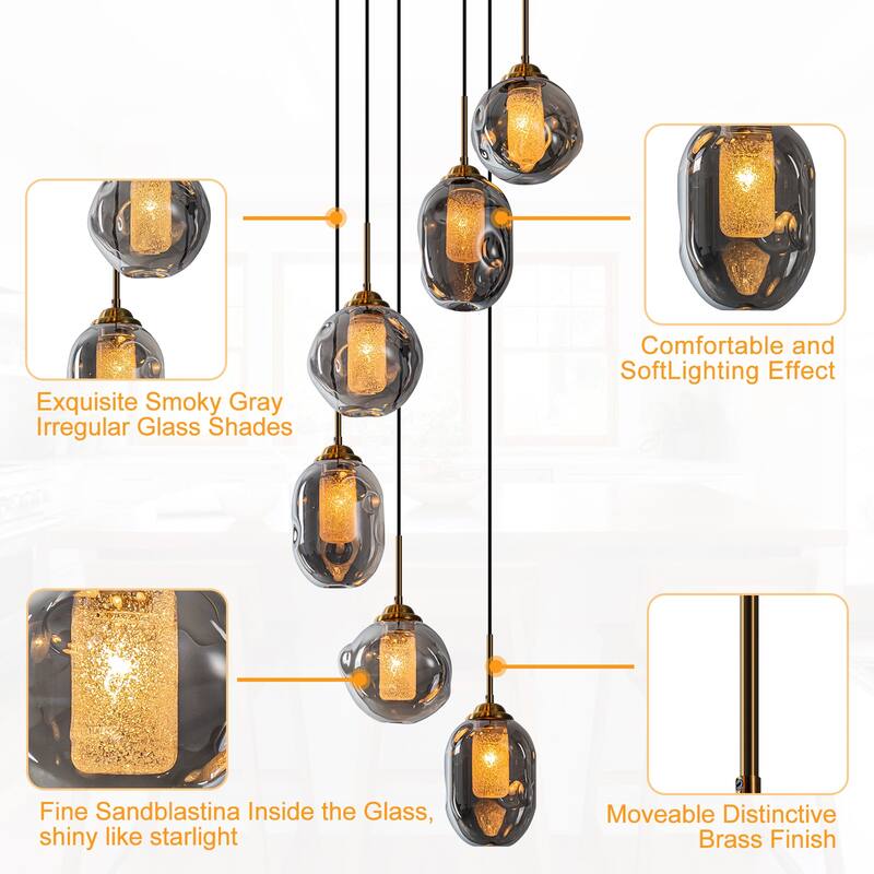 18" 6-Light Smoked Irregular Glass Round Pendant Light, Frosted Tubes