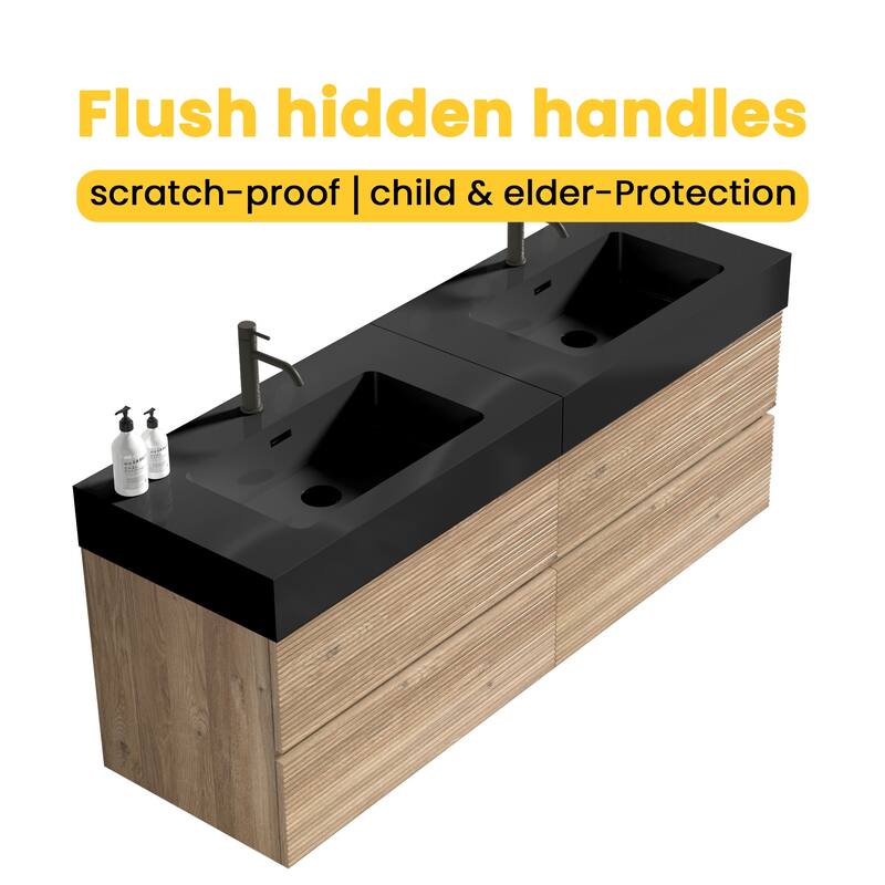 GDFStudio - Grace Wall-Mounted Bathroom Vanity with Engineered Quartz Sink & Soft Close Drawers, without Drainage and Faucet