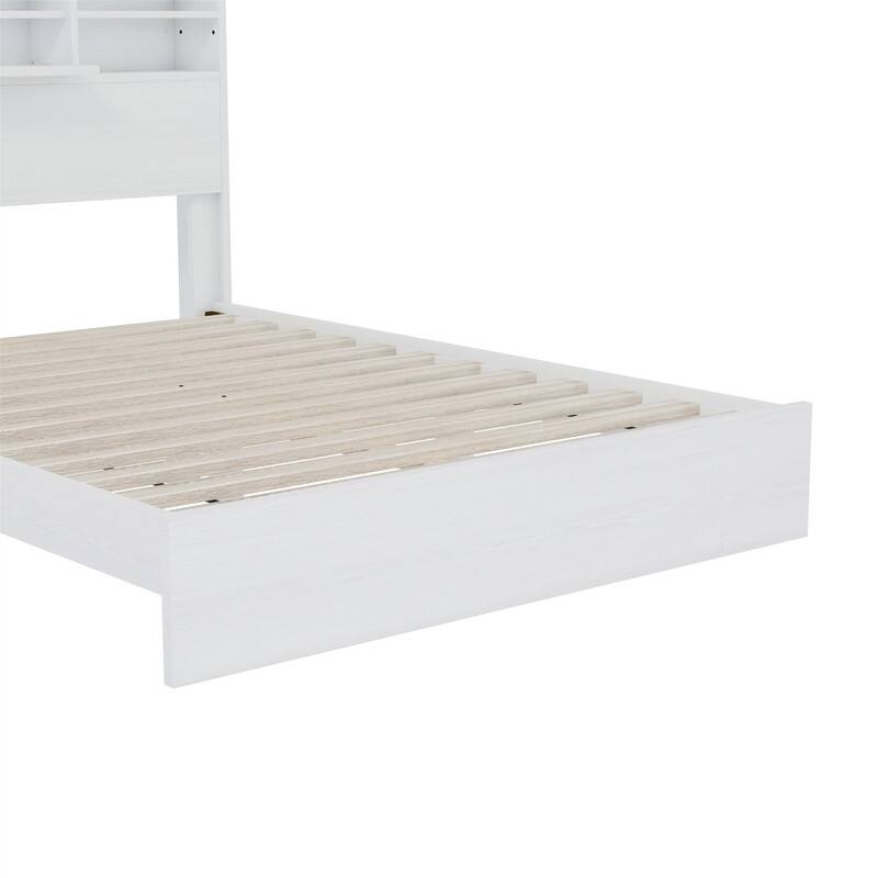 Queen Size Wooden Platform Bed with Storage Bookcase Headboard, American Country Style Bed Frame with USB Charging Ports