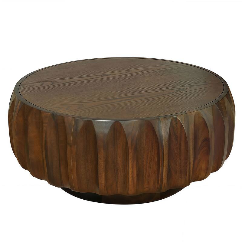 31.5" Round Coffee Table with Sculptural Design, Solid Wood Carved Drum Center Table Luxury End Side Table with Sturdy Base