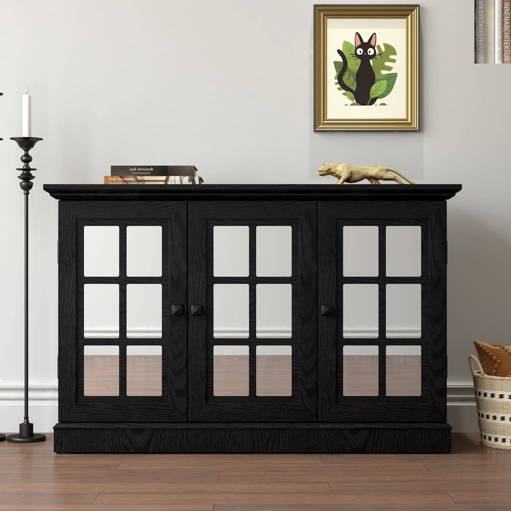 45" W Storage cabinet with 3 mirrored acrylic doors, sideboard with adjustable shelves for living room, dinning room