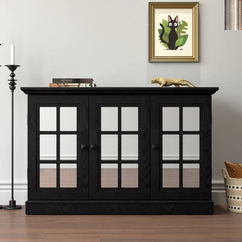 45" W Storage cabinet with 3 mirrored acrylic doors, sideboard with adjustable shelves for living room, dinning room - Black