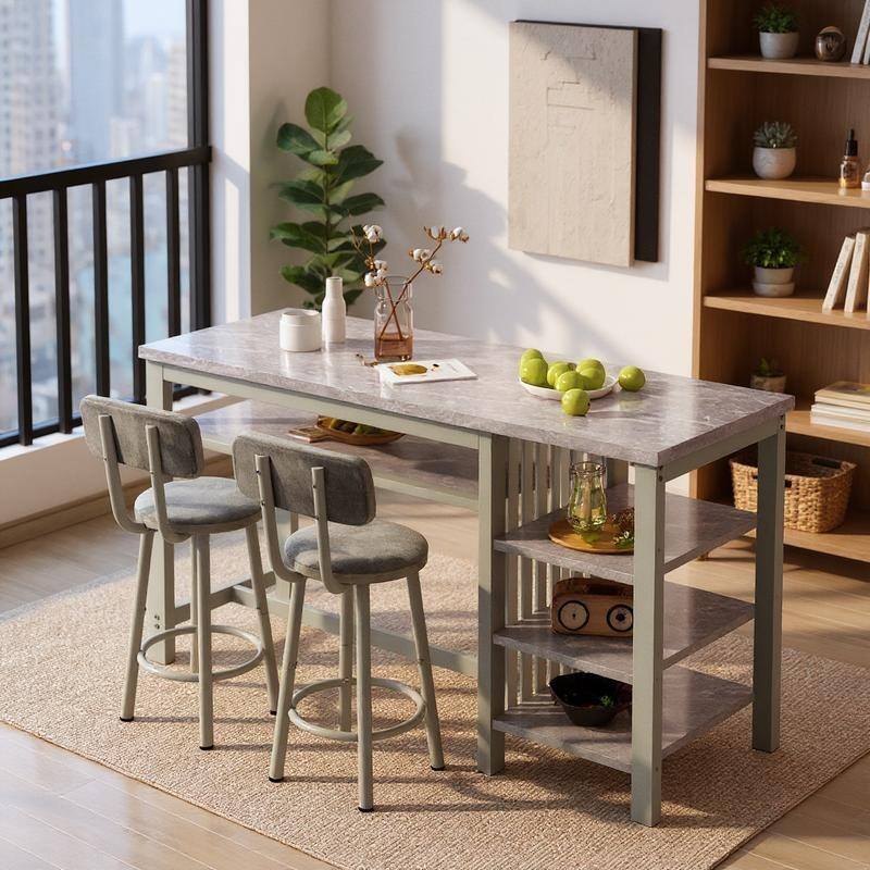 3-Piece Dining Room Table Set with 2 Upholstered Bar Stools, Modern Farmhouse Bar Table Set for 2 with Multiple Tier Shelves