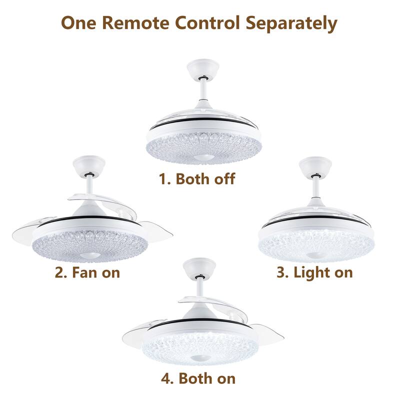 42" Black Modern Retractable Ceiling Fan with LED Light and Remote Control