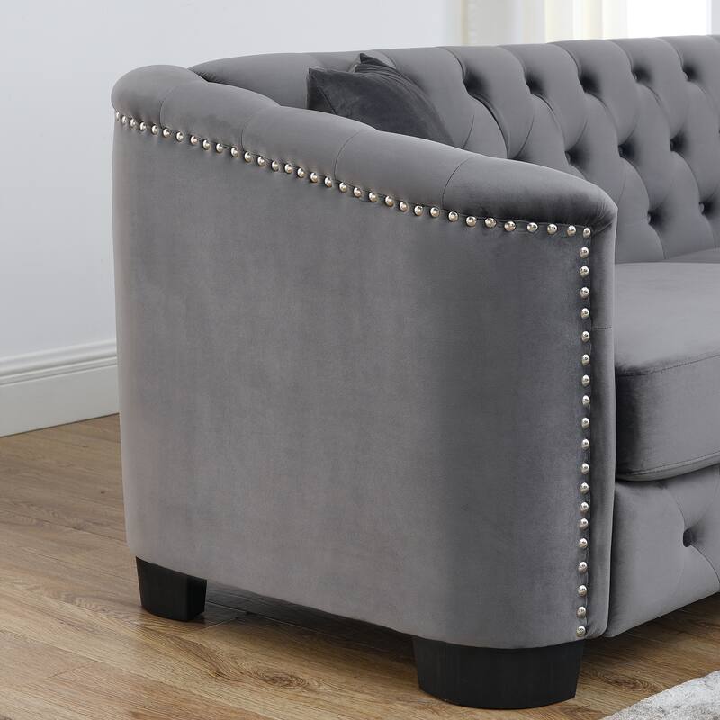 Modern Chesterfield Velvet Sofa, 3-Seater Sofa,Upholstered Tufted Backrests with Nailhead Arms and 2 Cushions