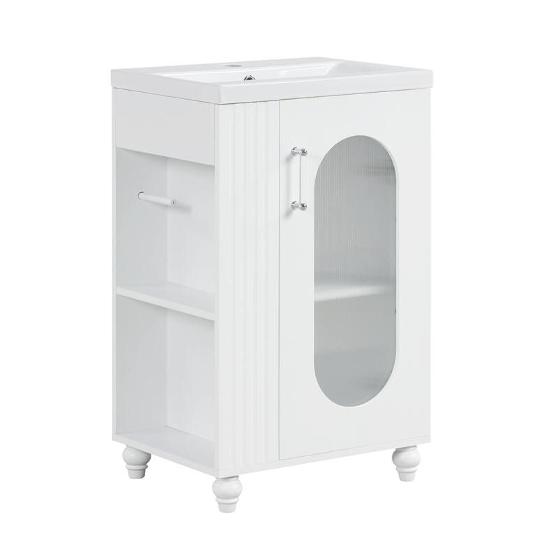 Small Bathroom Vanity with Sink, Wood Bathroom Cabinet with Glass Door, Single Basin Vanity Set with Two-Tier Shelf