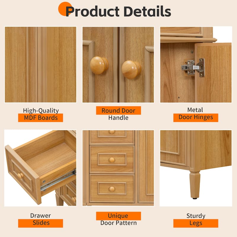 36" Bathroom Vanity with Ceramic Sink, Flip-Out Drawer, 3 Drawers, Soft Close Doors, Solid Wood & MDF Cabinet