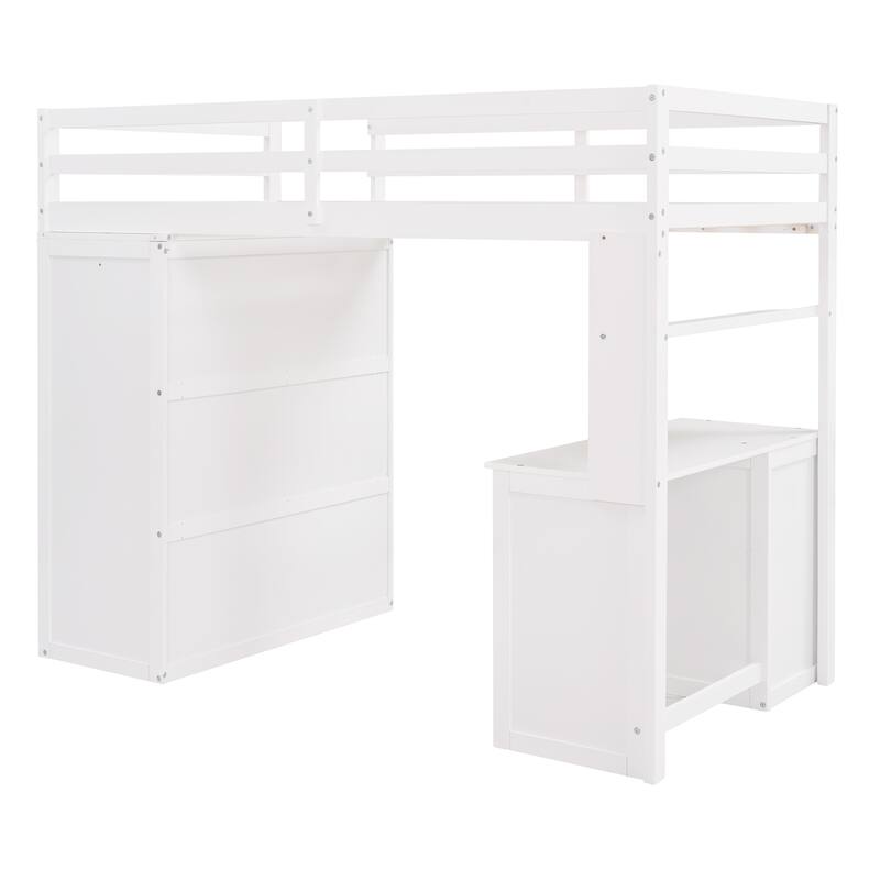 Space-Saving Twin Loft Bed with Desk, Wardrobe & Drawers in White