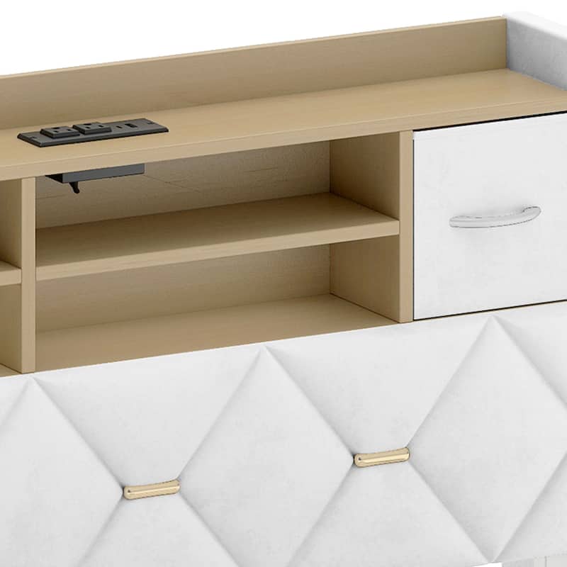 Farmhouse Bed Frame Upholstered Headboard Platform Bed with Charging Station