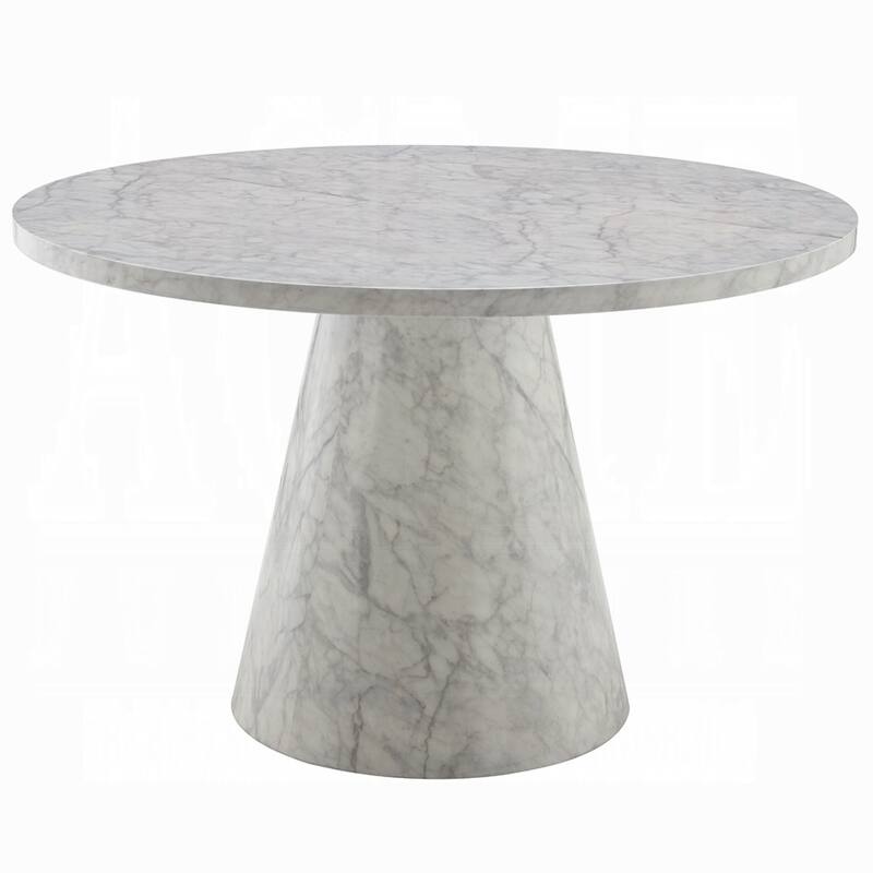 Kacie Round Dining Table, Pedestal Base, Light Gray Faux Stone 47 Inch