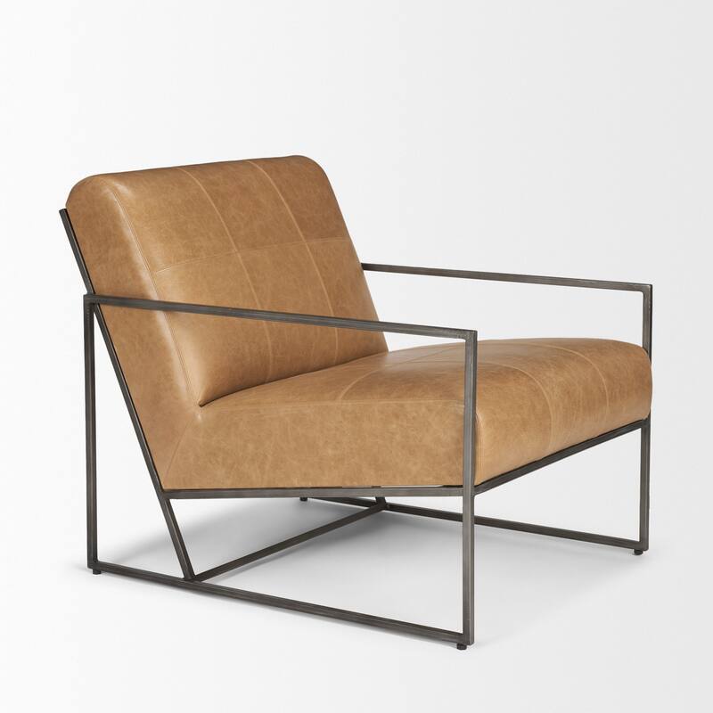 Stratton Gunmetal w/ Genuine Aged Black / Brown Leather Upholstered Accent Chair -  27.3L x 36.5W x 29.5H