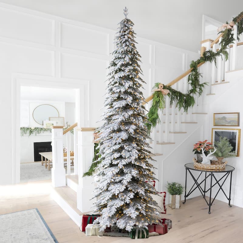 Glitzhome 15 Foot Pre-Lit Flocked Pencil Spruce Artificial Christmas Tree with 1400 LED Lights - 15ft