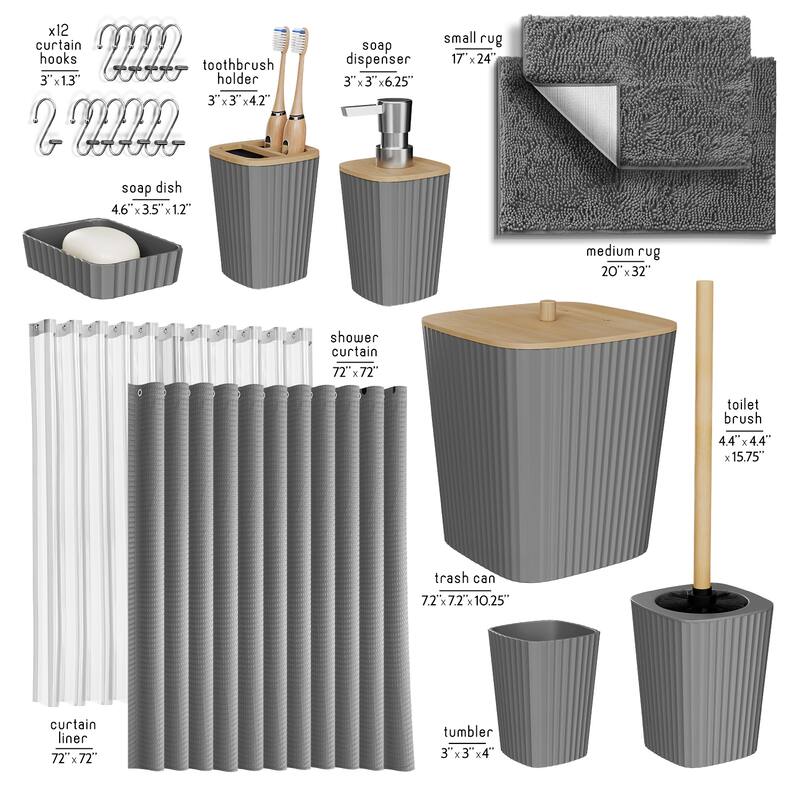 Empyrean Bamboo Bathroom Accessories Set with Shower Curtain Set, Toilet Brush, Trash Can & Soap Dispenser