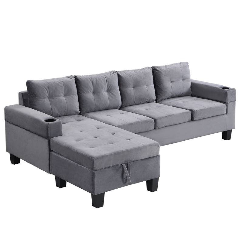 L-Shape Sectional Sofa Set with Storage Chaise, 4-Seat Modular Sofa with Cup Holder and Left Hand for Livingroom