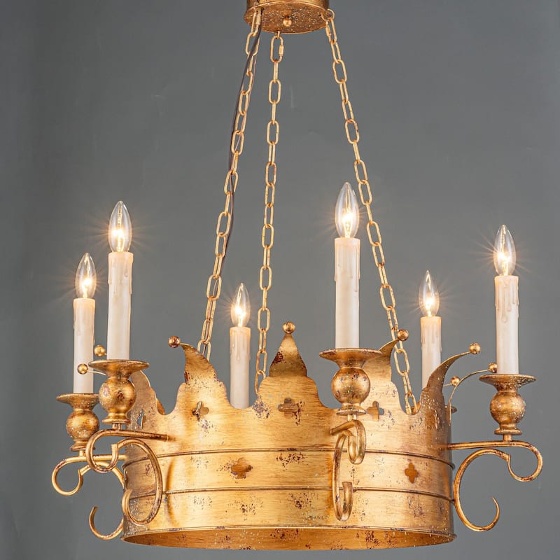 6-Light Luxury Retro Antiqued Gold Crown Metal Hanging Light Chandelier for Hallways, Living Room