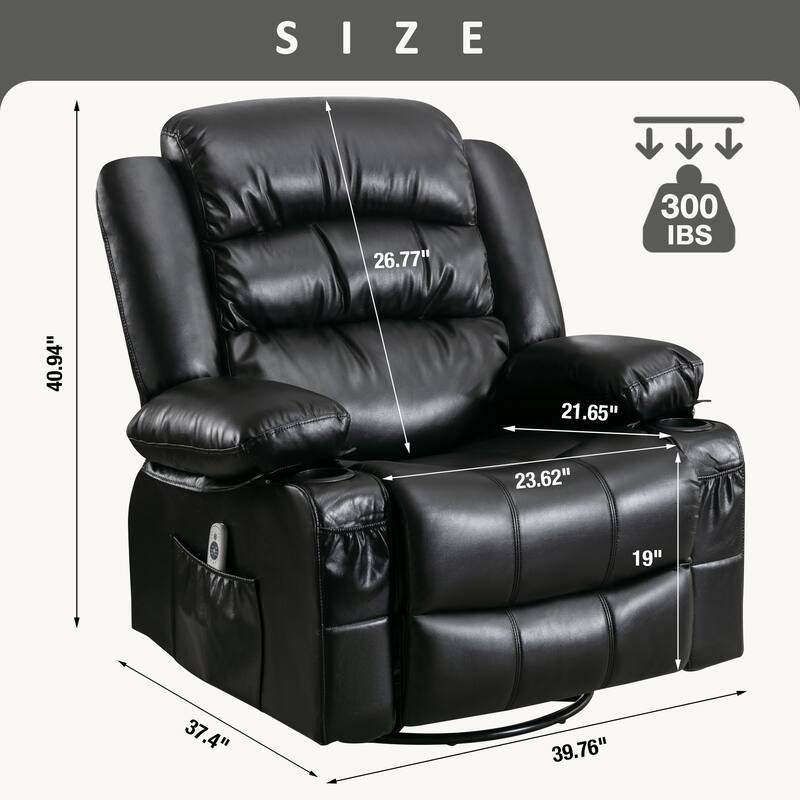Black 360° Swivel Rocker Recliner with Heat, Vibration, USB Port, Cup Holders, and Side Storage Pockets