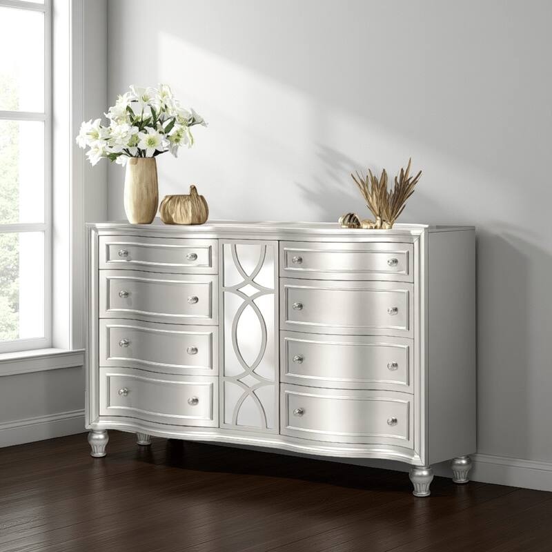 Felix Wide Dresser with 8 Bow Front Drawers, Silver Solid Wood 68 Inch
