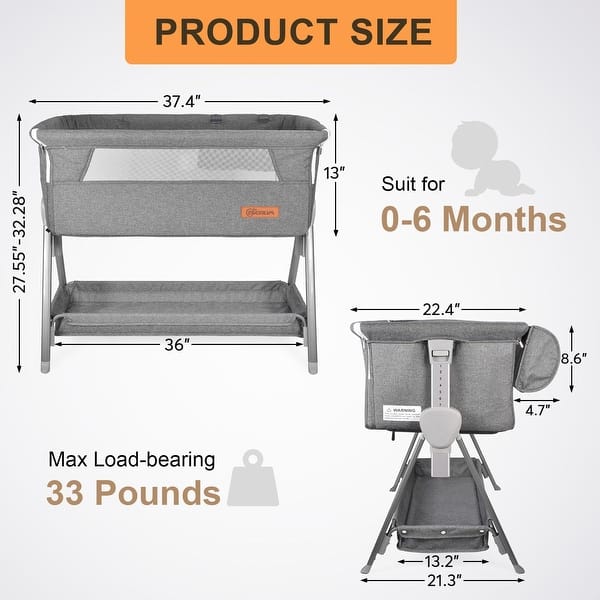 dimension image slide 0 of 2, Baby Bassinet, Portable Bedside Sleeper for Baby, 7 Height Adjustable Bedside Bassinet with Wheels, Mattress Included