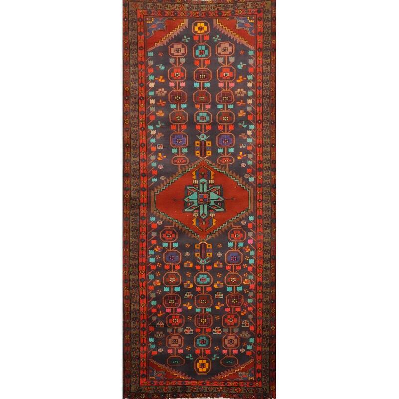 Hand Knotted Oriental 100% Wool Carpet Traditional Geometric Navy Blue & Blues Ardebil Runner Rug - 9' 6'' X 3' 5''