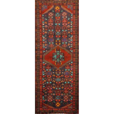 Hand Knotted Oriental 100% Wool Carpet Traditional Geometric Navy Blue & Blues Ardebil Runner Rug - 9' 6'' X 3' 5''
