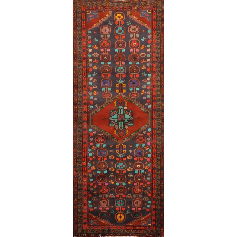 Hand Knotted Oriental 100% Wool Carpet Traditional Geometric Navy Blue & Blues Ardebil Runner Rug - 9' 6'' X 3' 5''