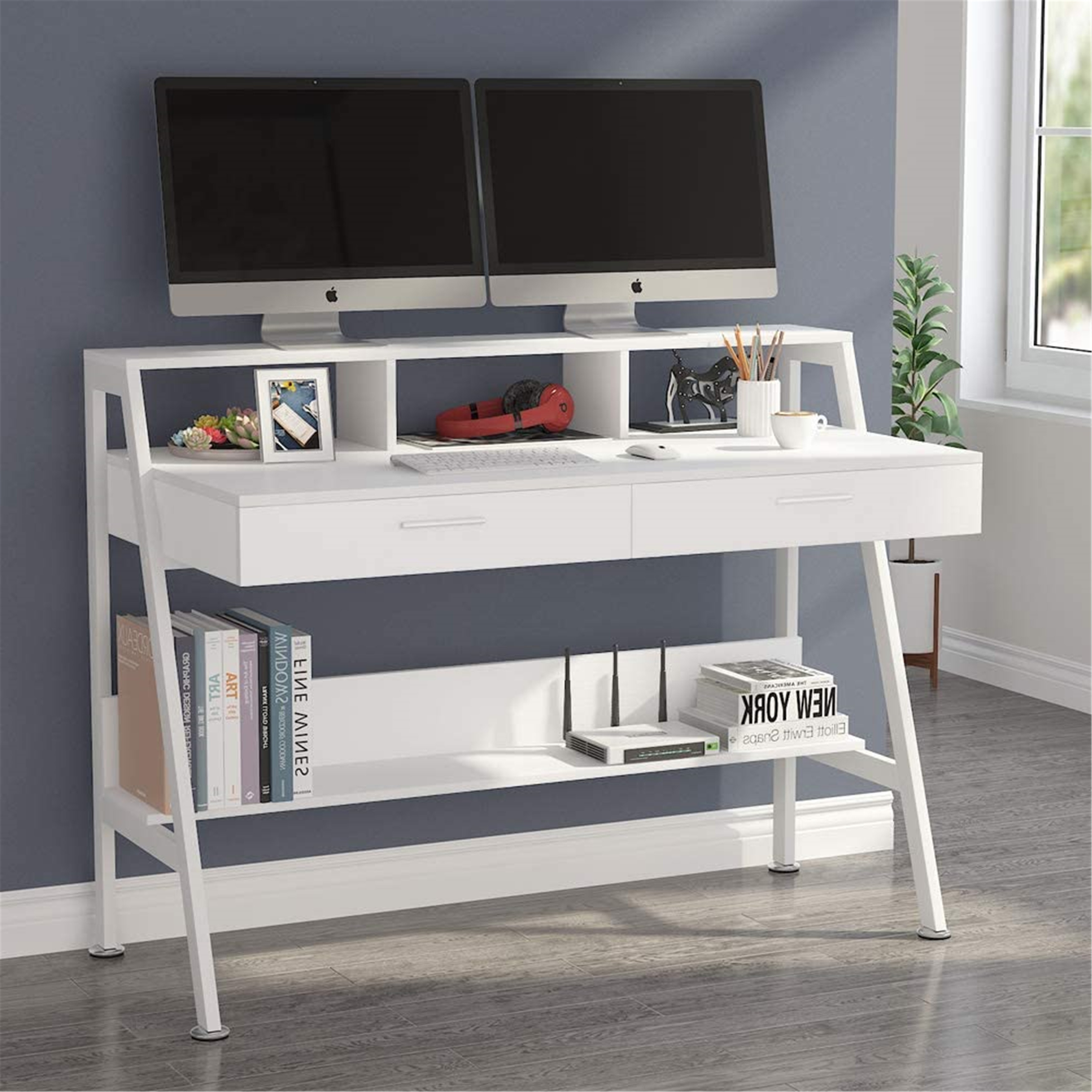 Computer Desk with 2 Drawers, Storage Shelves and Monitor Riser 