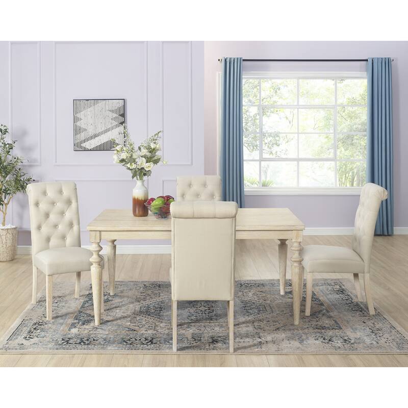 Rustic Rectangular Dining Table with Wood Legs, Kitchen Table and Chair Set, Tan Button Tufted Upholstered Dining Chairs