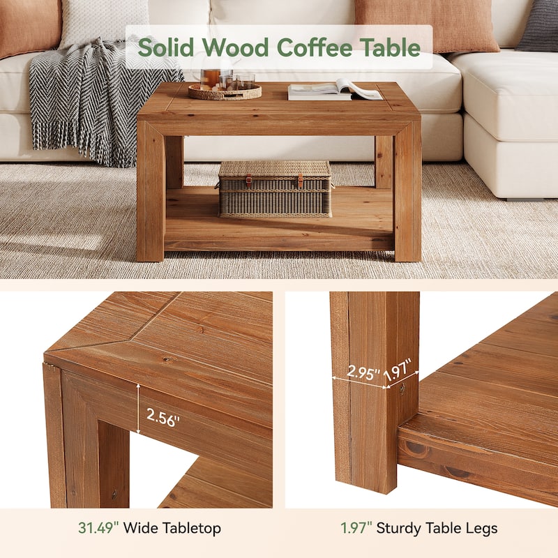 Square Solid Wood Coffee Table, Open Storage Shelf Living Room Center Cocktail Accent Table