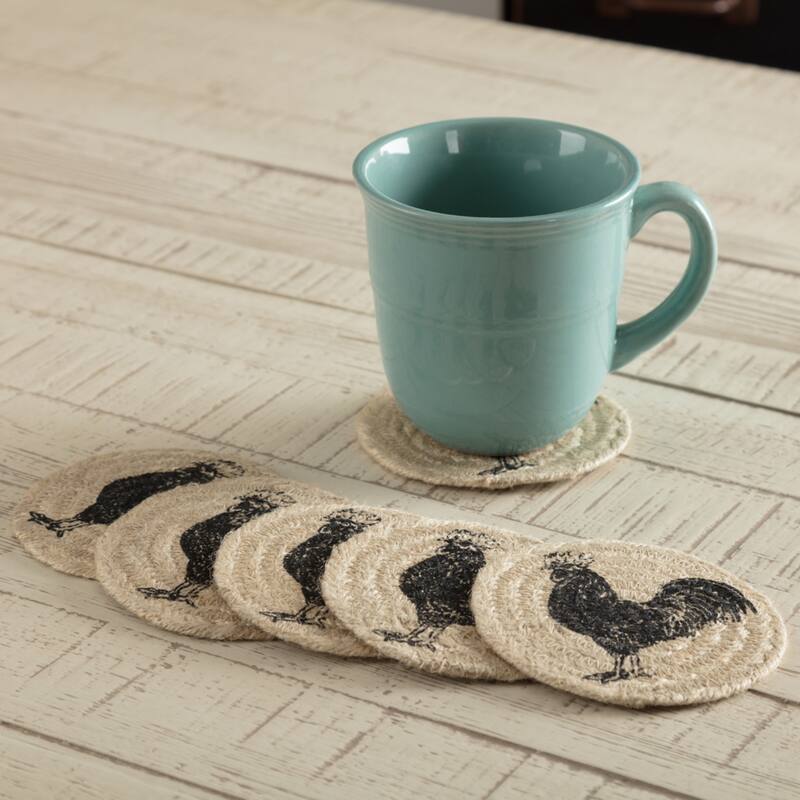 Sawyer Mill Charcoal Poultry Jute Coaster Set of 6 - Coaster Set - Coaster Set - Set of 6 - Bleached White/Asphalt/Grey Taupe