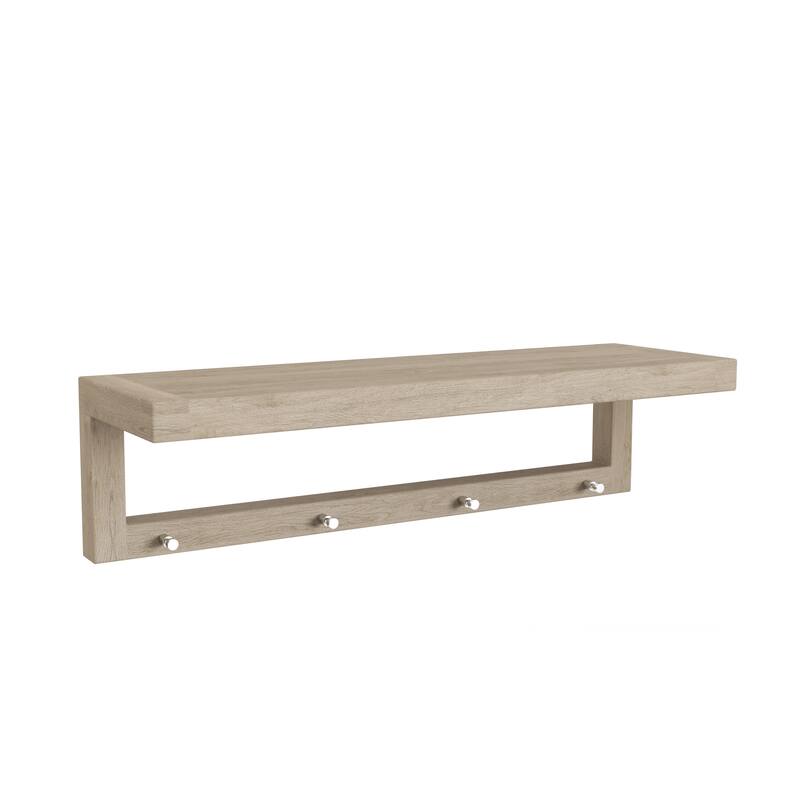 Moa Teak Wall Shelf with Hooks - Mist-Shield Grey - 30" Wide