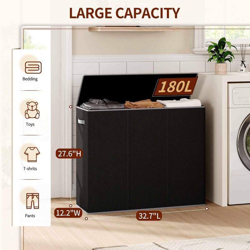 Laundry hamper 3 section - 32.7"L x 12.2"W x 27.6"H