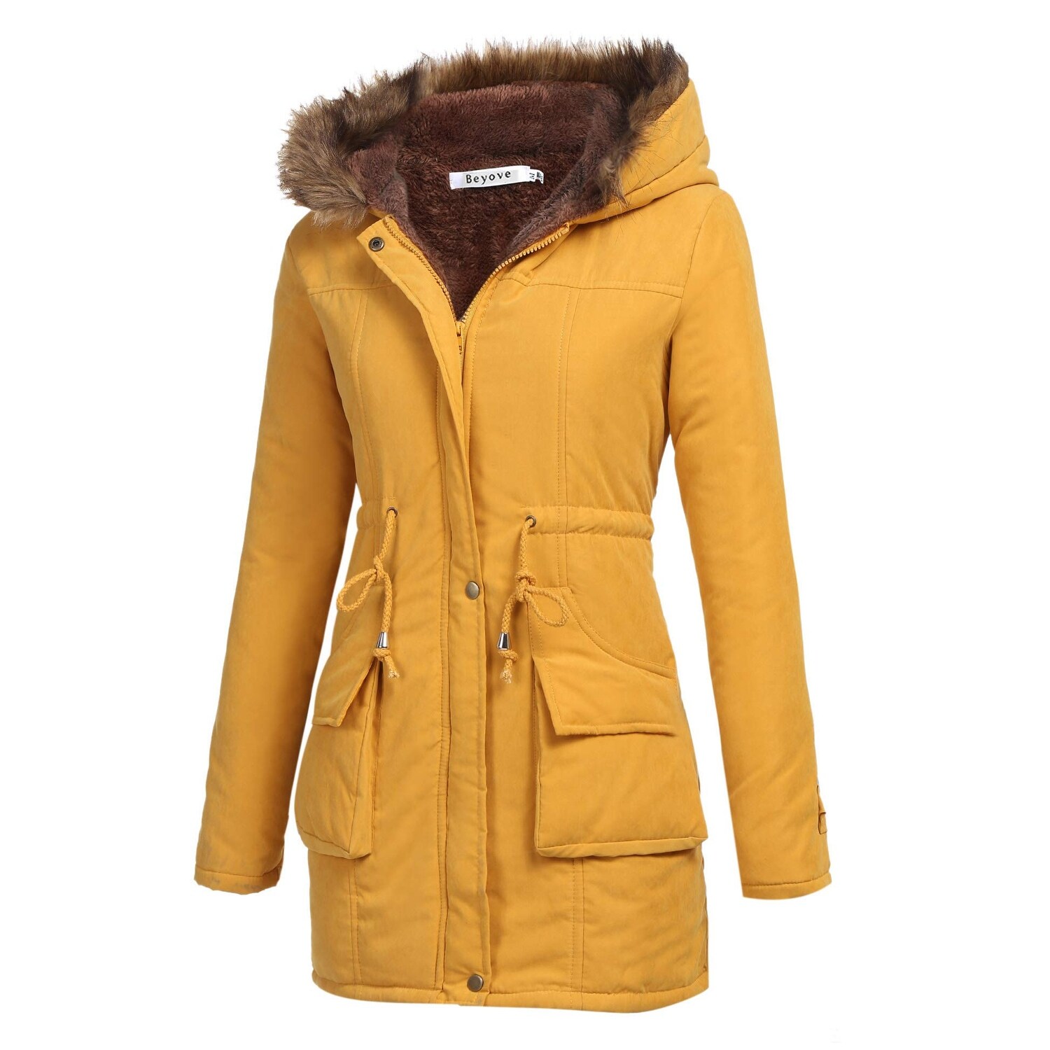 womens mustard parka coats with fur hood
