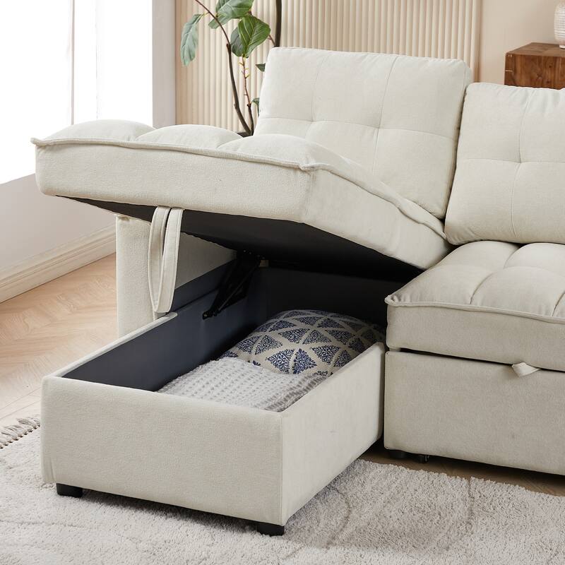 L-Shaped Reclining Sofa with Pull-Out Bed, USB Charging Ports and Storage, Arm Side Organizer for Living Room Comfort