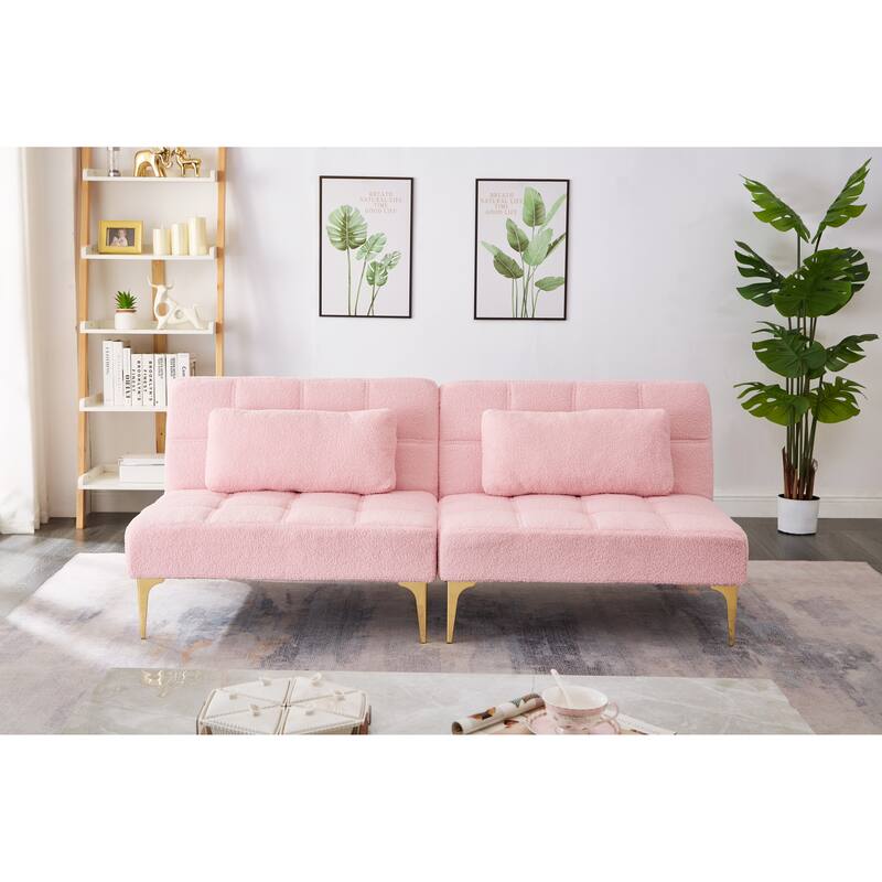 71" Convertible Sofa Bed Futon With Gold Metal Legs Teddy Fabric - Pink