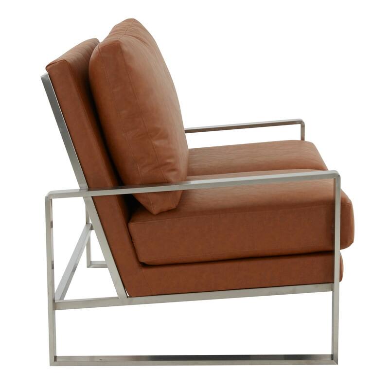 Jefferson Modern Leather Loveseat with Brushed Silver Stainless Steel Base, Removable Cushions, Sinuous Springs, Fully Assembled