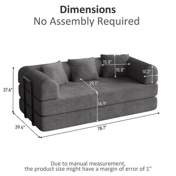 dimension image slide 6 of 7, Convertible Sleeper Sofa Bed with Pillows, 4-in-1 Corduroy Folding Mattress Couch