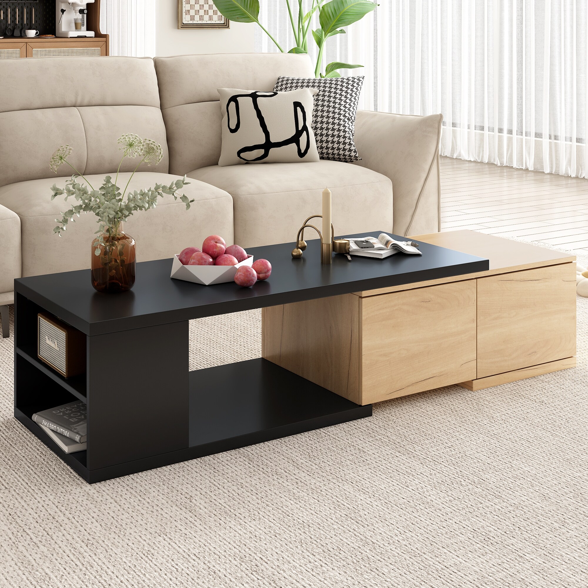 47.2 57 W Extendable Coffee Table with 2 Storage Drawers Dual tone Wood Center Table with Extendable Sliding Tabletop Bed Bath Beyond 40737215