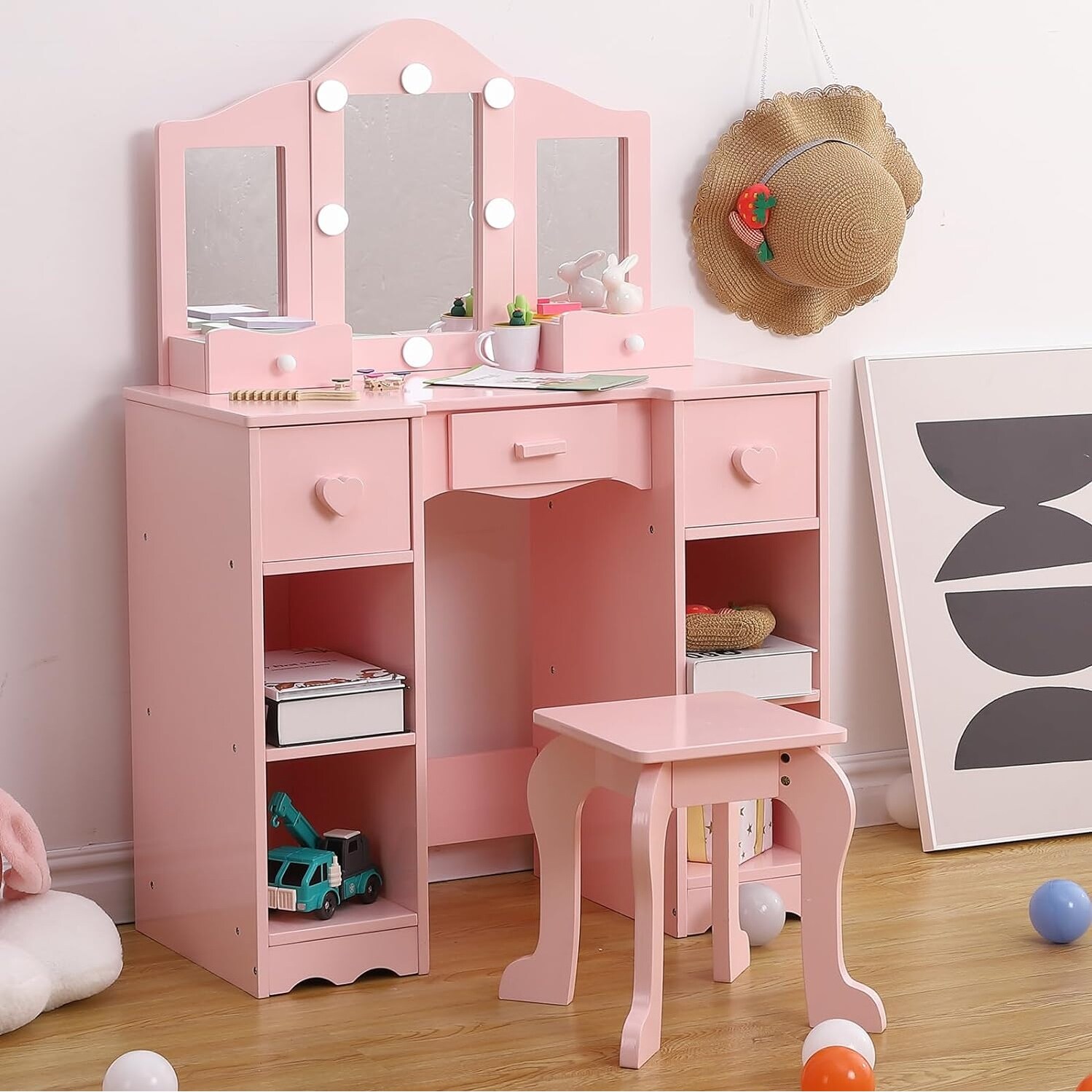 Kids Vanity Girls Vanity Table with Tri Folding Mirror Light Stool Drawer White