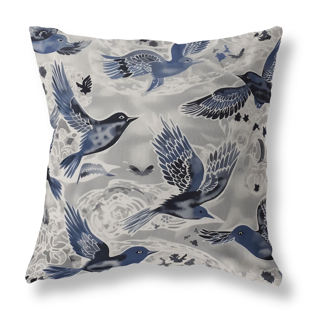 Silver And Blue Inferno Songbirds Indoor/Outdoor Throw Pillow Zipper