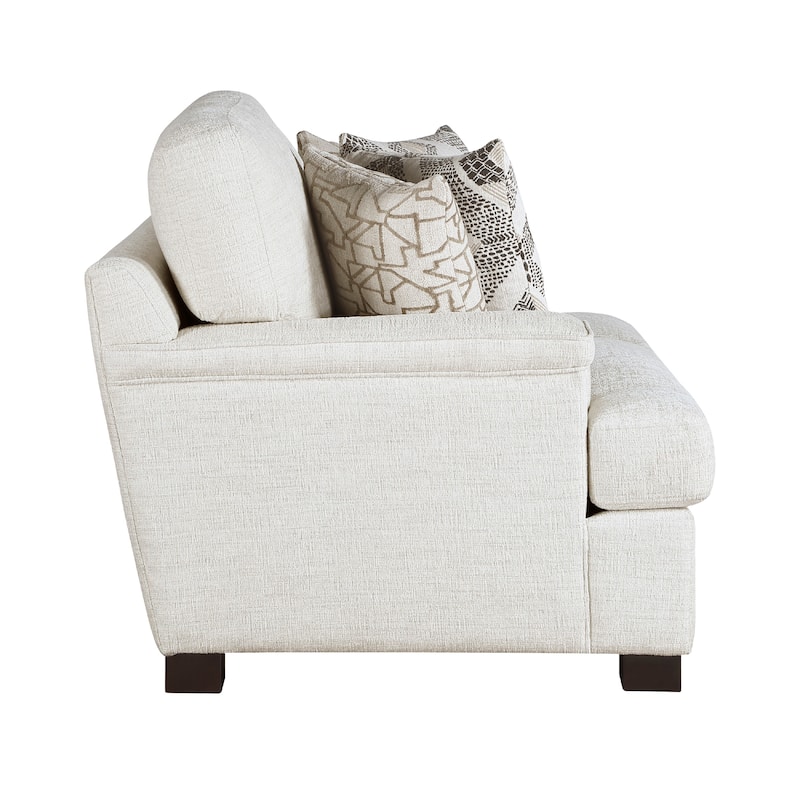 Osy Loveseat, 66 Inch, 4 Pillows, Soft Ivory Chenille, Solid Wood