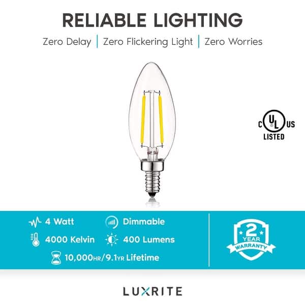 Luxrite 4W Candelabra LED Bulbs 400 Lumens, 40W Equivalent, Clear Glass, E12 Base (6 Pack) - - 28896147