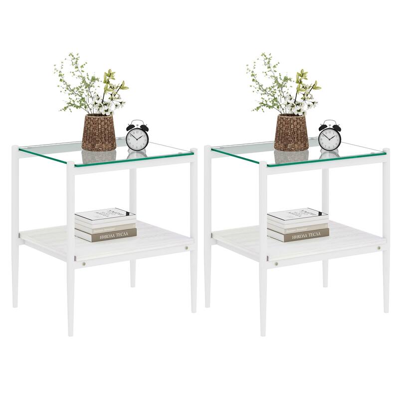 Set of 2 Rectangle End Table Tempered Glass Tabletop with MDF layer