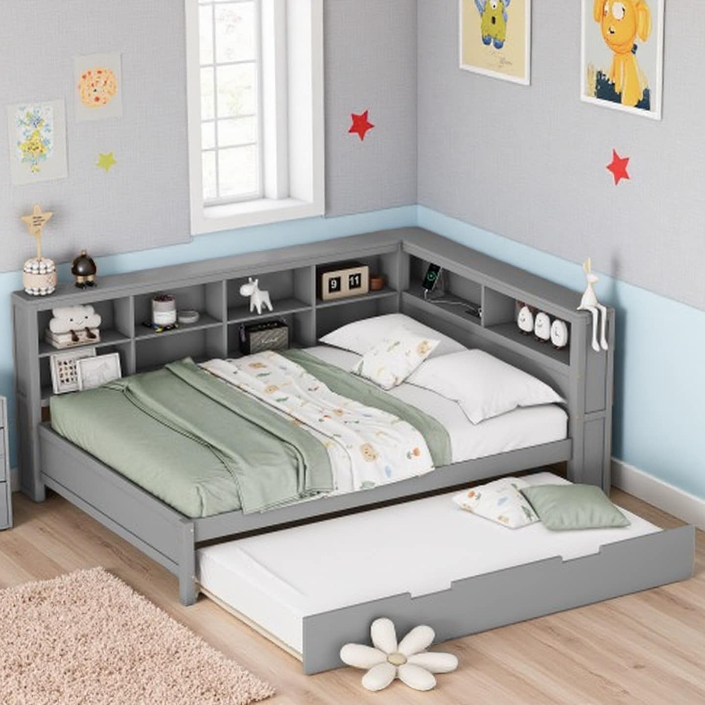 Twin Size Wooden DayBed with Pull-Out Trundle, Storage Shelves, and USB Charging Station, Pine Wood Frame