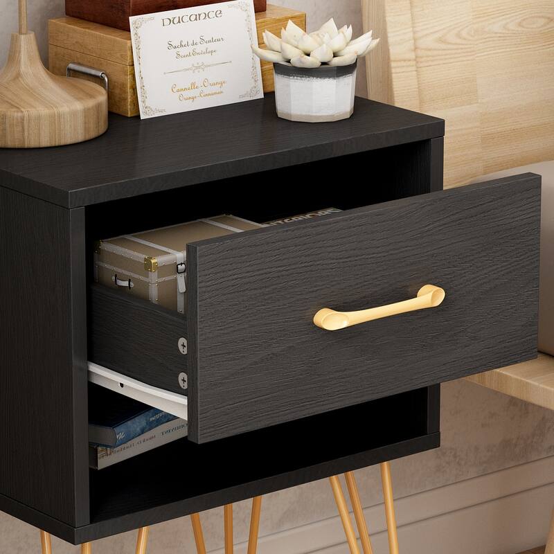 Kerrogee 1-Drawer Nightstand with Shelf - Metal Leg Bedside Table