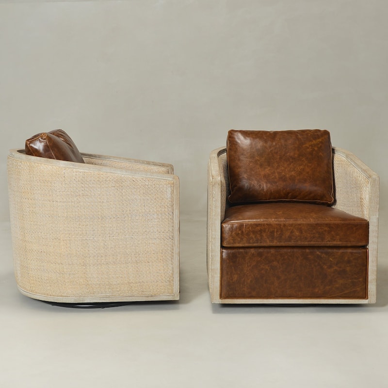 KINWELL 31"W Oak Frame Upholstered Swivel Barrel Armchair