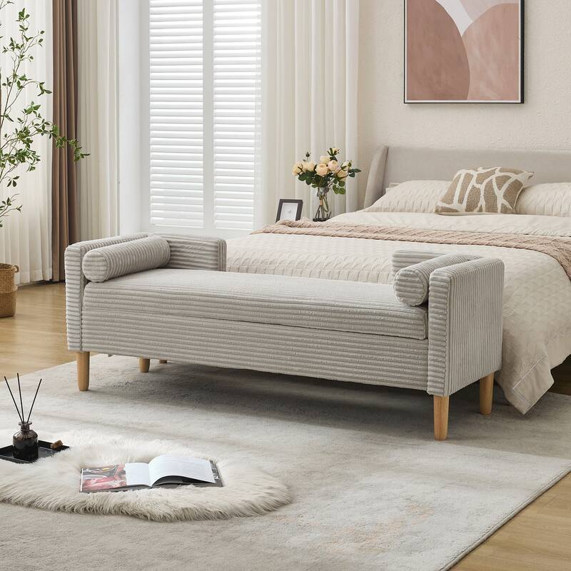 65.35" W Corduroy Storage Bench with Backrest, Armrests & 2 Bolster Pillows, Upholstered Bed End Bench for Entryway & Bedroom - Light Gray