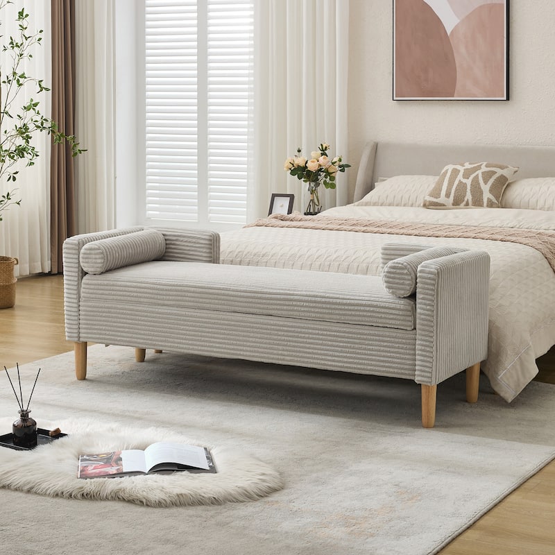 Roomfitters Corduroy Storage Bench, Upholstered Entryway and Bedroom Bench with Backrest and Bolster Pillows - Light Gray