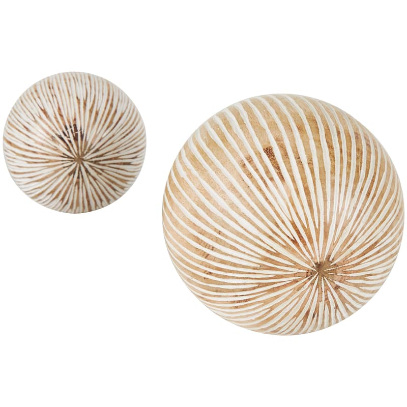 Cream Mango Wood Handmade Decorative Ball Orbs & Vase Filler with Carved Lines or Tribal Patterns (Set of 2)