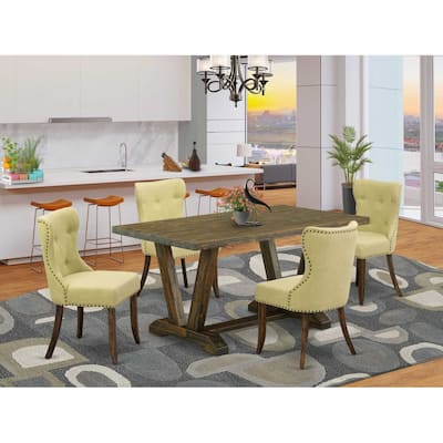 HomeStock 5-Piece Rectangle Distressed Jacobean Finish Solid Wood Top Dining Table with 4-Chairs